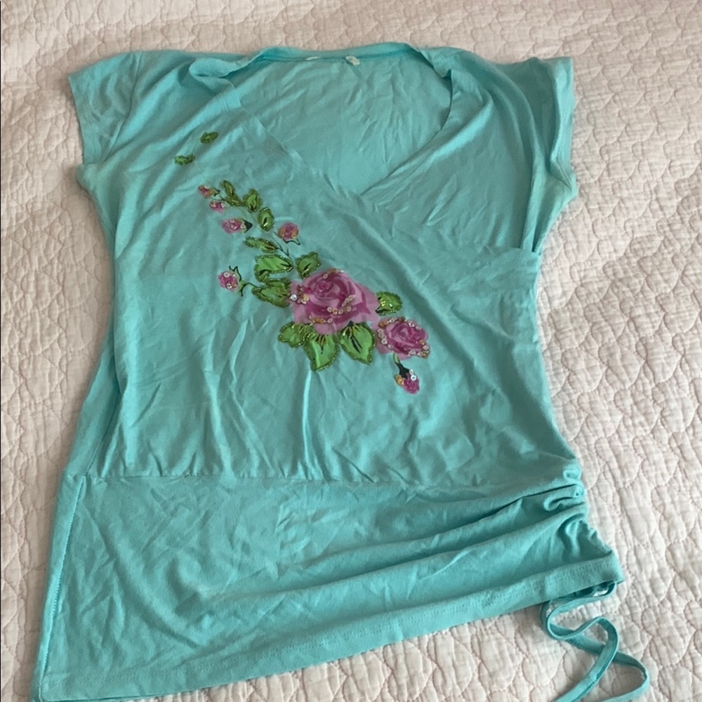 Turquoise Floral Embroidered Top